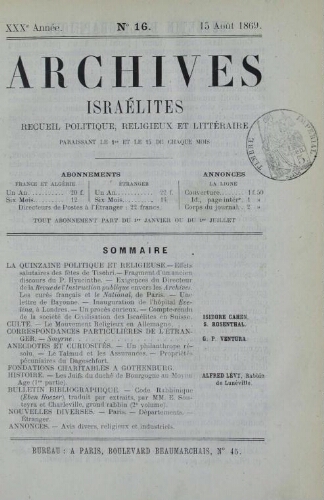 Archives israélites de France. Vol.30 N°16 (15 août 1869)
